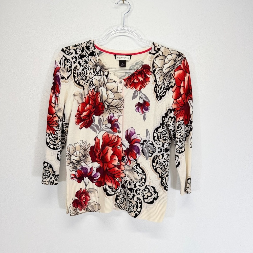 White House Black Market Peggy Youngblood Floral Button 3/4 Sleeve Cardigan S